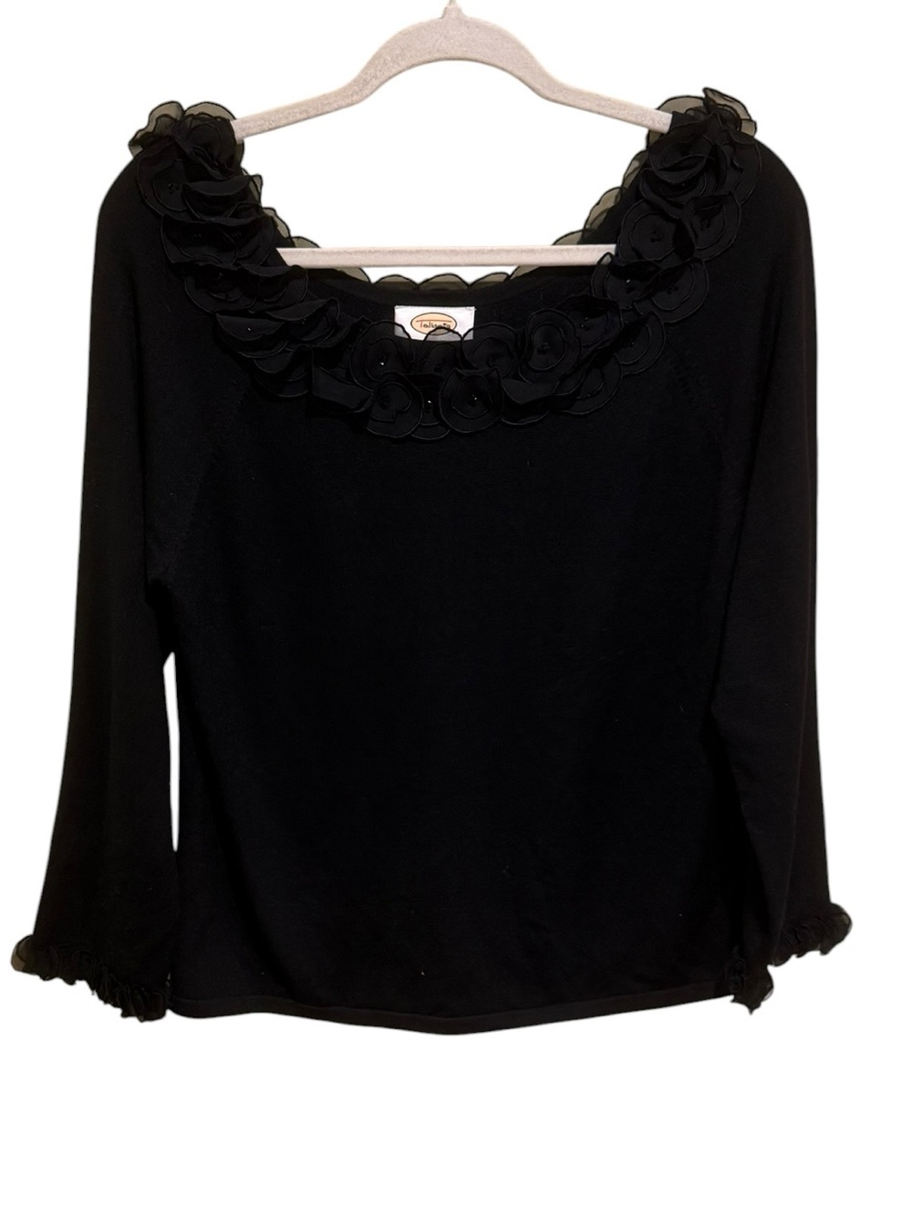 NWOT Classic Talbots Silk Blend Black Long Sleeve Top with Floral Trim - L